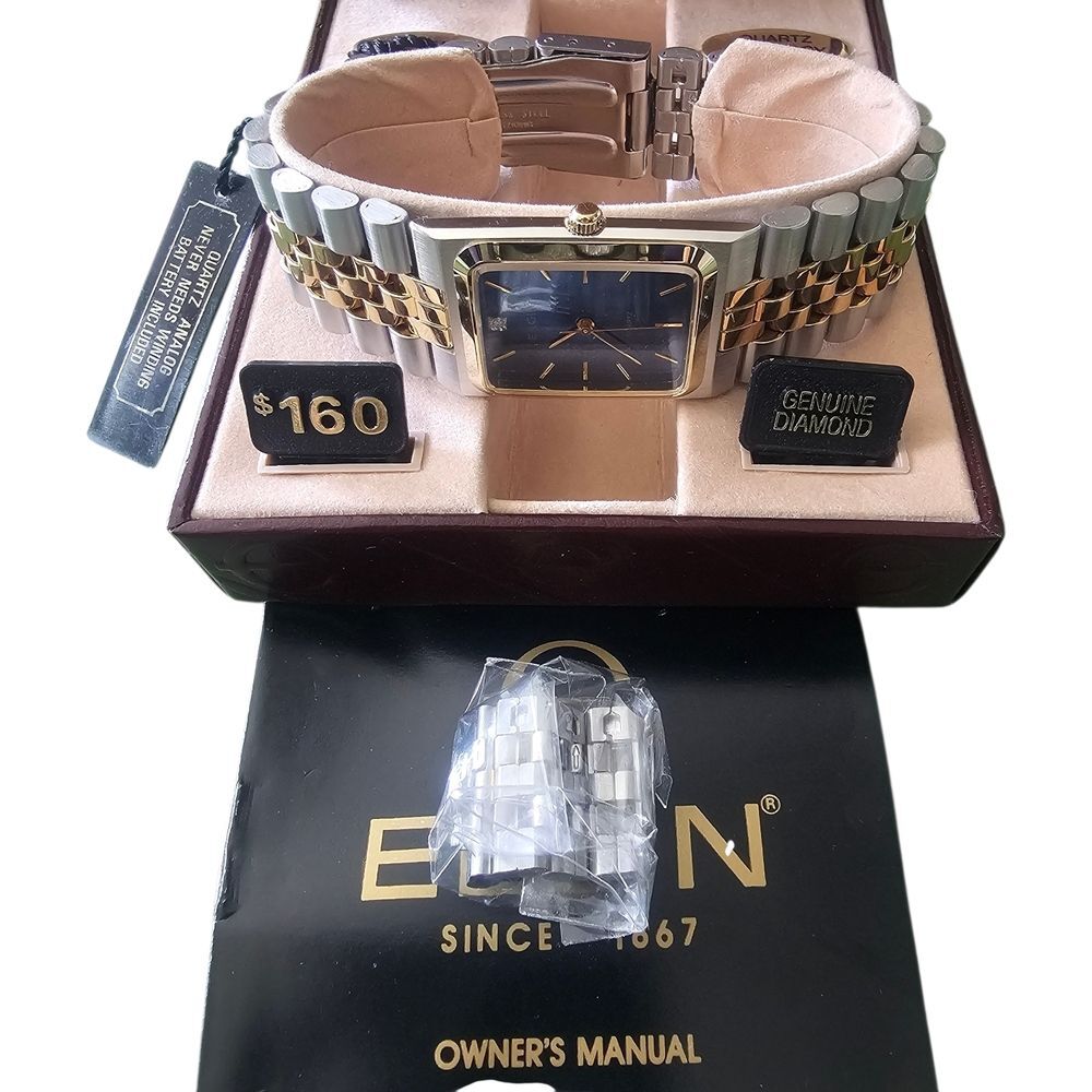 Vintage New In Box 1992 Elgin Men's Blue Gold Watch Silver Gold